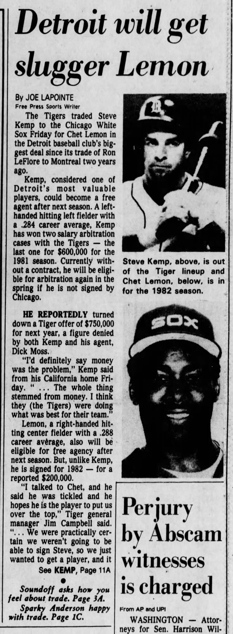 Sat 11/28/81: Lemon-Kemp  trade - front page coverage (pg 1 of 2)