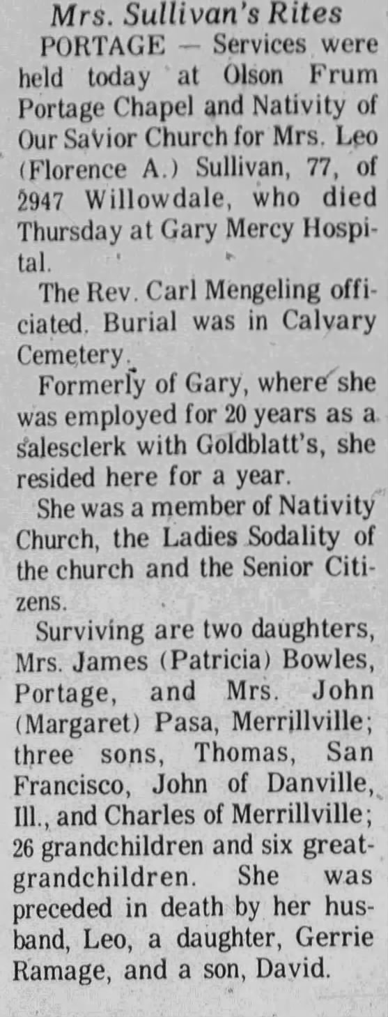 Obituary for Florence A. Sullivan (Aged 77)