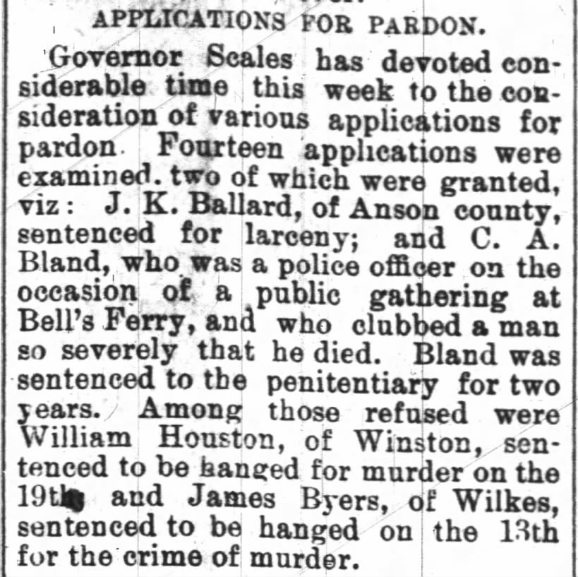 James Byers - Pardon denied  8 Jul 1888
Wilmington Messenger