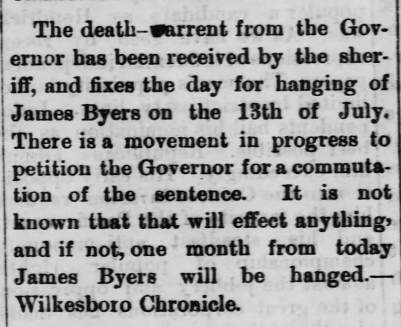 James Byers - Wilkesboro Chronicle 13 Jun 1888 date of hanging