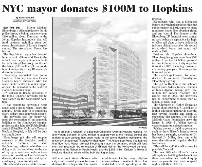NYC mayor donates $100M to Hopkins