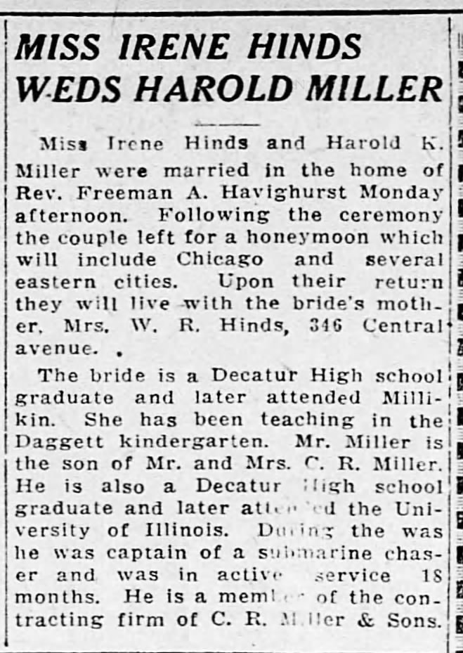 Irene Hinds & Harold Miller Marriage