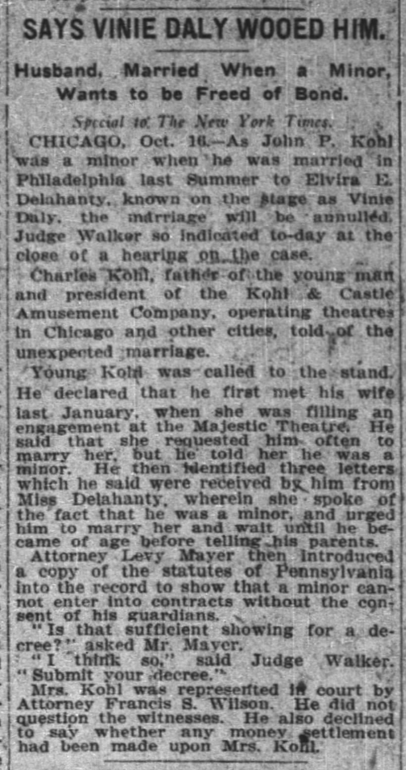 Elvira E Delahanty & J P Kohl
New York Times
Oct 17, 1909 Page Ten
