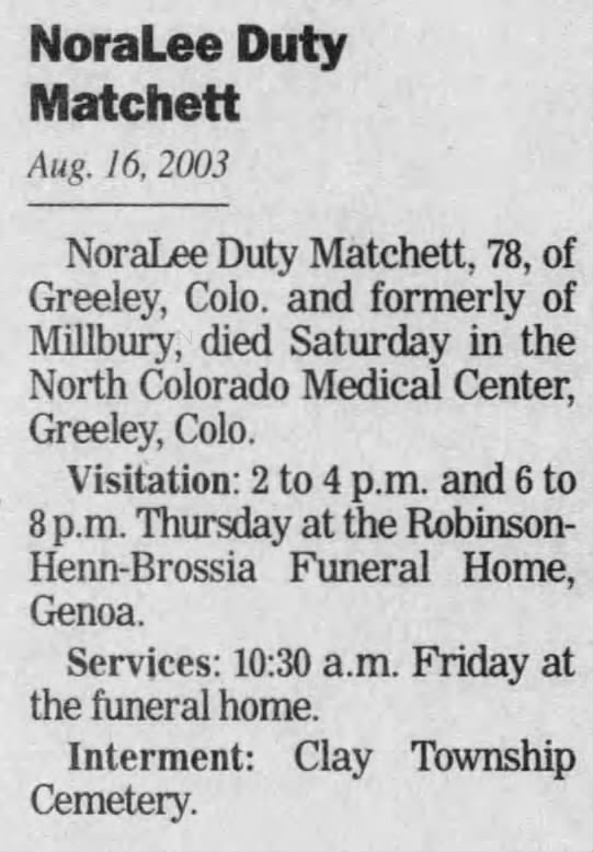 Noralee Oberhaus Duty Matchett 1925 - 2003 obit - News Herald (Port Clinton, Ohio) 20 Aug 2003