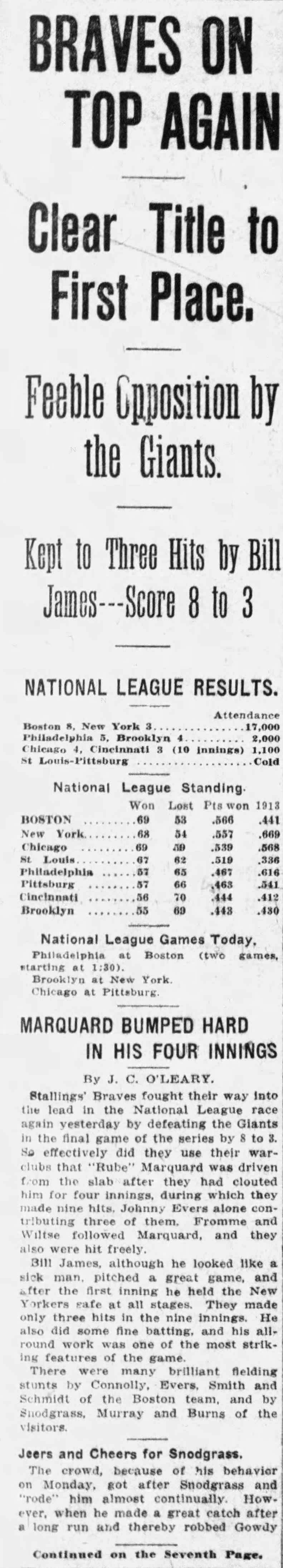 Braves beat Giants in September 1914 series to take NL lead
