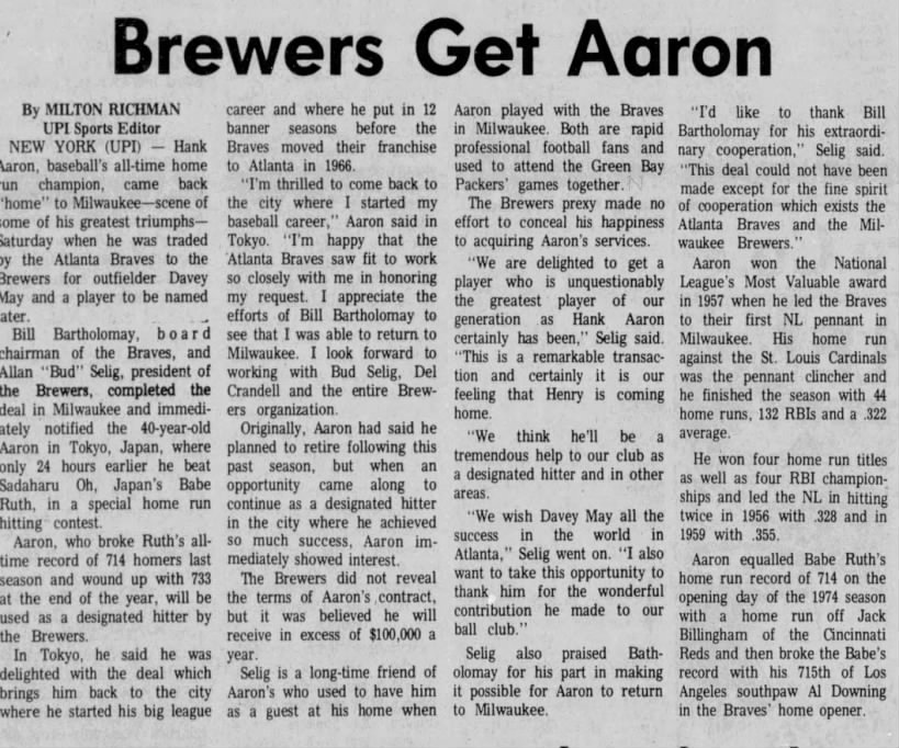 Hank Aaron traded to Brewers