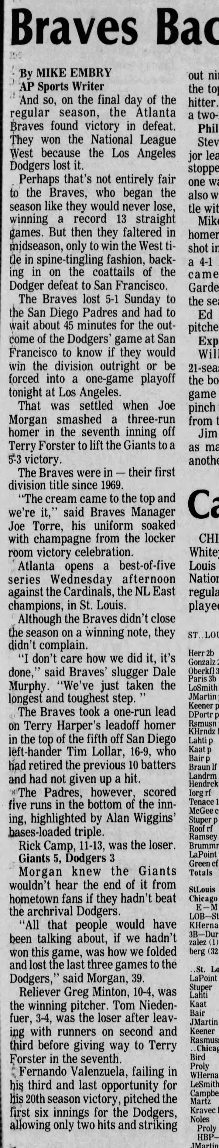 Braves win NL West in 1982