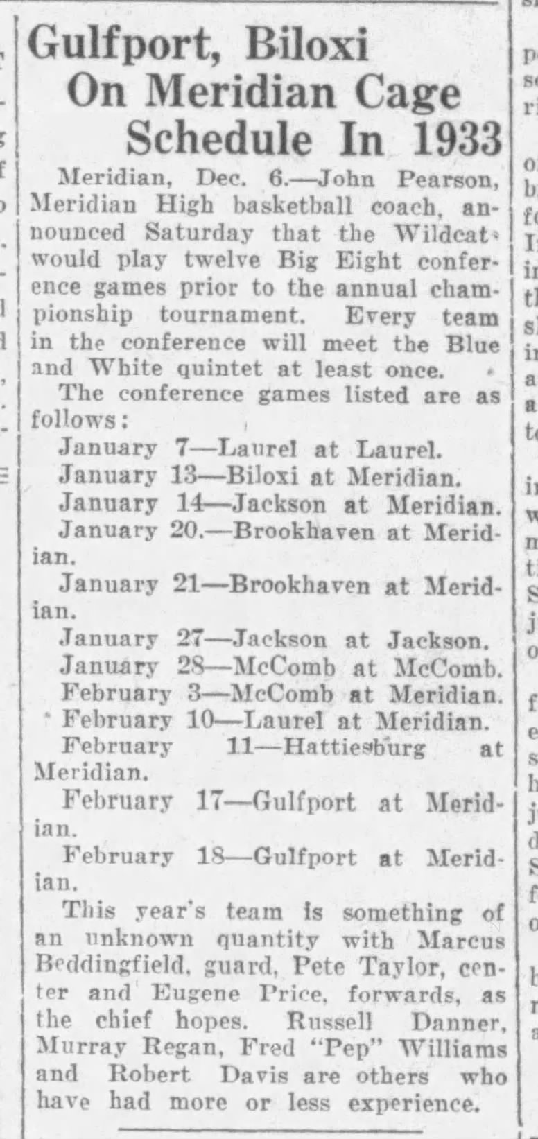 Gulfport, Biloxi on Meridian Cage Schedule in 1933