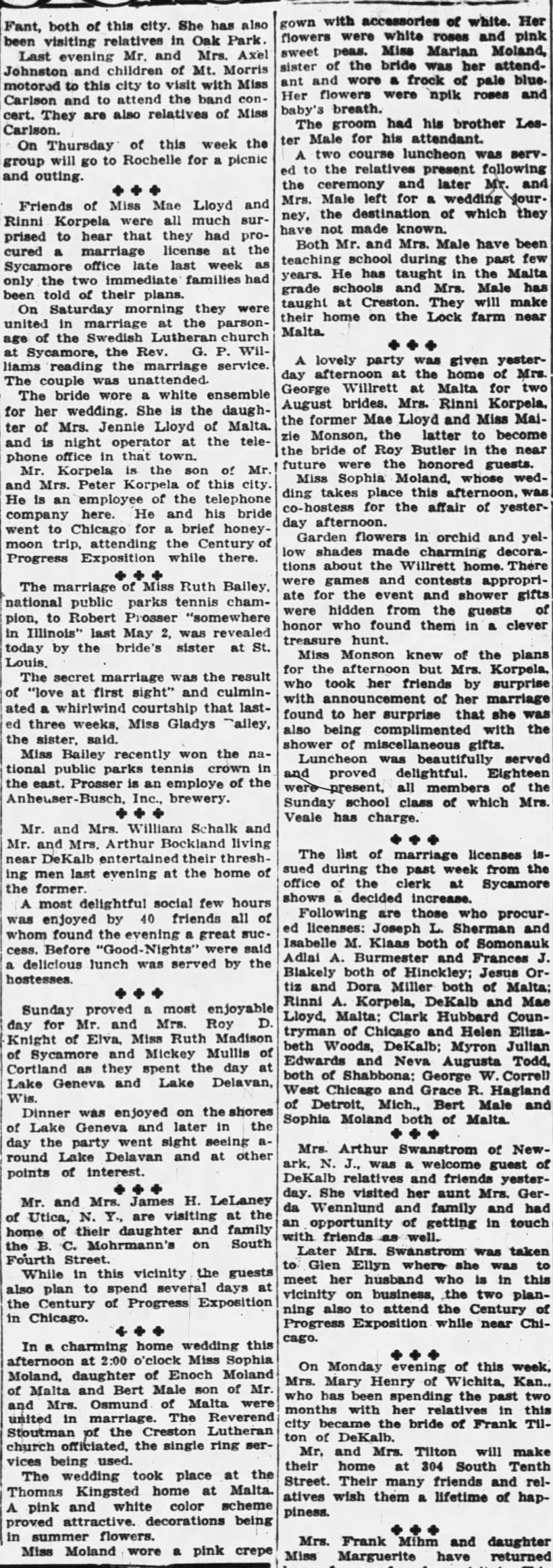 Sophia Moland 23 Aug 1933, Daily Chronicle De Kalb, Illinois, Enoch Moland, Bert Male, Osmund