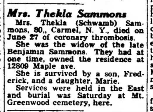 Death of Thekla Sammons nee Schwamb