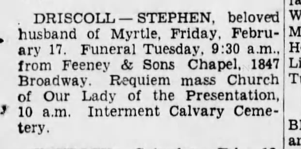 20 Feb 1939, The Brooklyn Daily Eagle, Stephen Driscoll's obituary