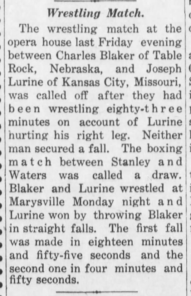 1910 jan, at blue rapids, match called at 83 minutes after no fall