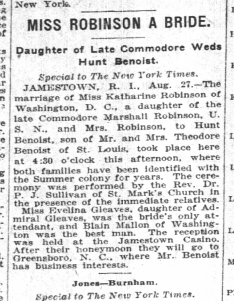 Maid of Honor for Katherine Robinson. NYTimes 8/28/1921