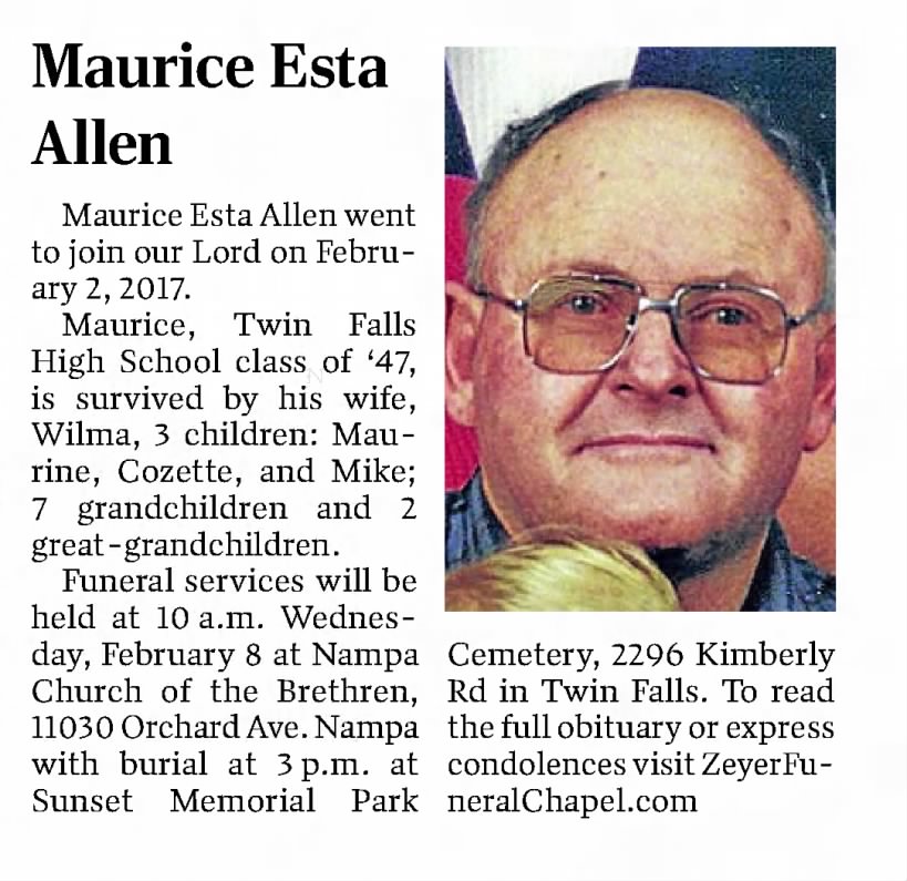 Obituary for Maurice Esta Allen (Aged 47)