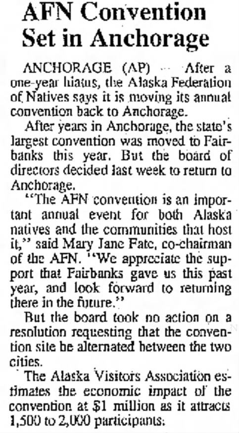 AFN Convention Set in Anchorage. The Daily Sitka Sentinel (Sitka, Alaska) December 14, 1988, p 10