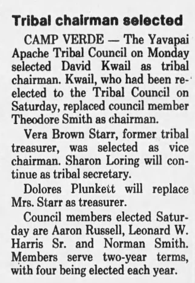 Tribal chairman selected. The Arizona Republic (Phoenix, Arizona) 14 July 1982, p 18