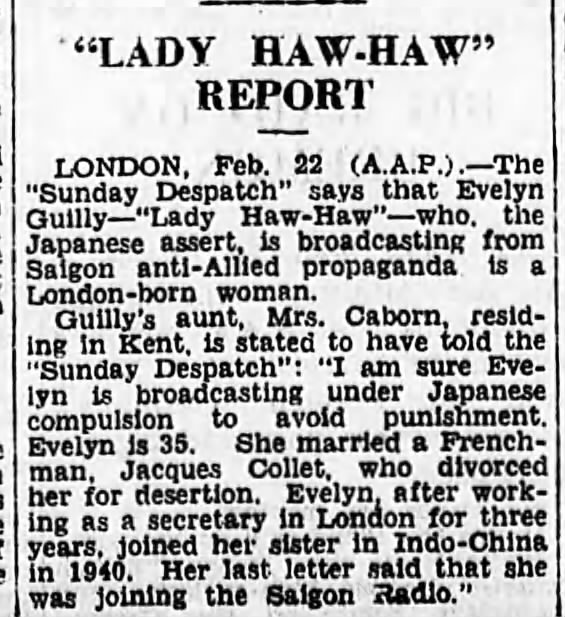 "Lady Haw-Haw" Report. The Sydney Morning Herald. Sydney, NSW, Australia. 23 February 1943, p 6