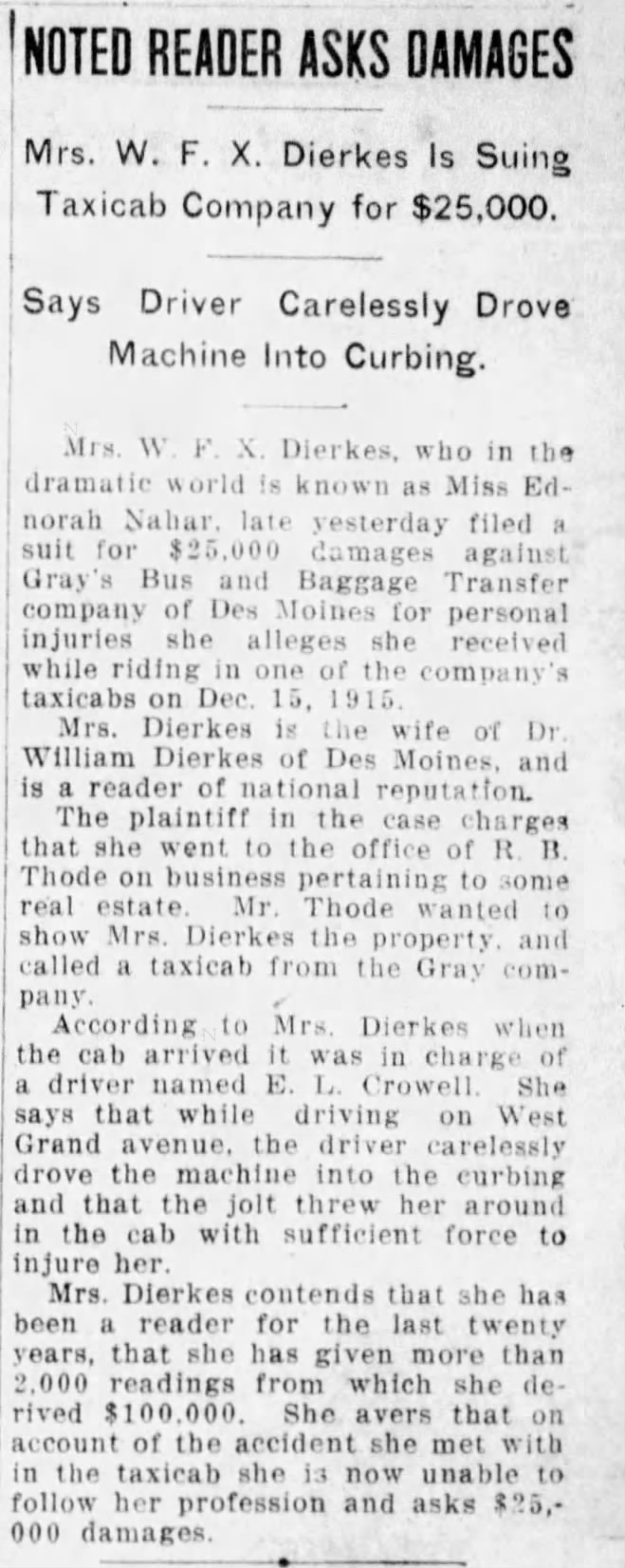 Noted Reader Asks Damages. The Des Moines Register. (Des Moines, Iowa) April 19, 1916, p 3