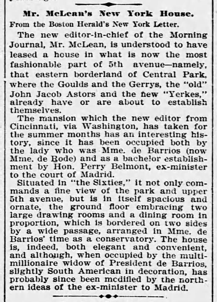 Mr. McLean's New York Home. The Evening Star. (Washington, D. C.) 25 May 1895, p 6