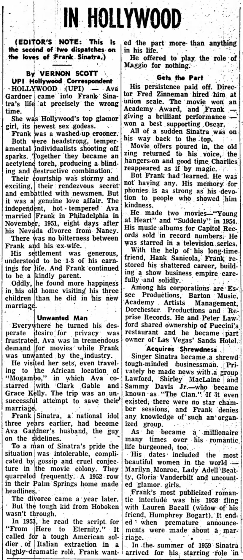 In Hollywood, Vernon Scott, The Tipton Daily Tribune (Tipton, Indiana) 16 January 1962 p 2