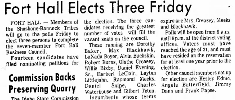 Fort Hall Elects Three Friday. May 30, 1974. Pocatello, Idaho: The Idaho State Journal, p. 11
