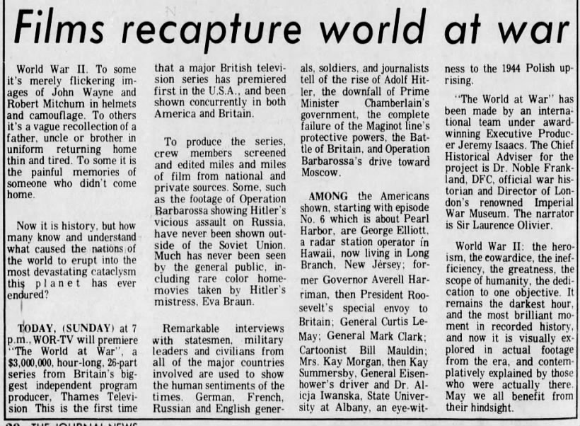 Films recapture world at war. The Journal News (White Plains, New York) 23 September 1973, p 72