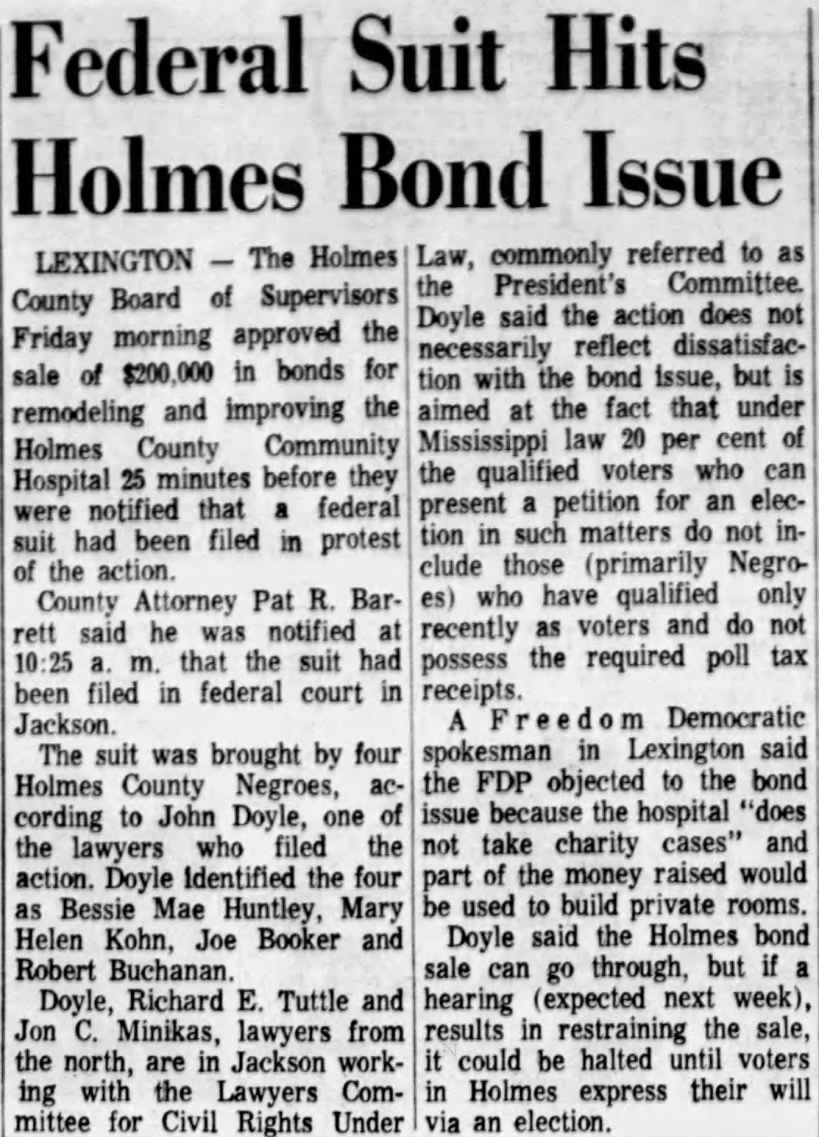 Federal Suit Hits Holmes Bond Issue. 19 March 1966. Jackson, Mississippi: The Clarion-Ledger, 8
