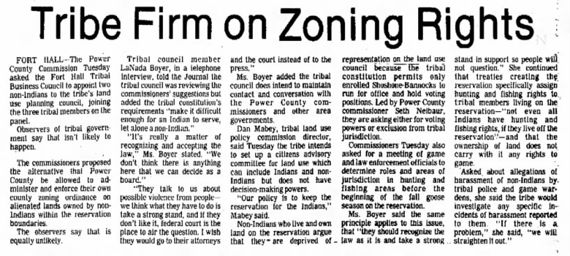 Tribe Firm on Zoning Rights. July 13, 1977. Pocatello, Idaho: The Idaho State Journal. p. 11