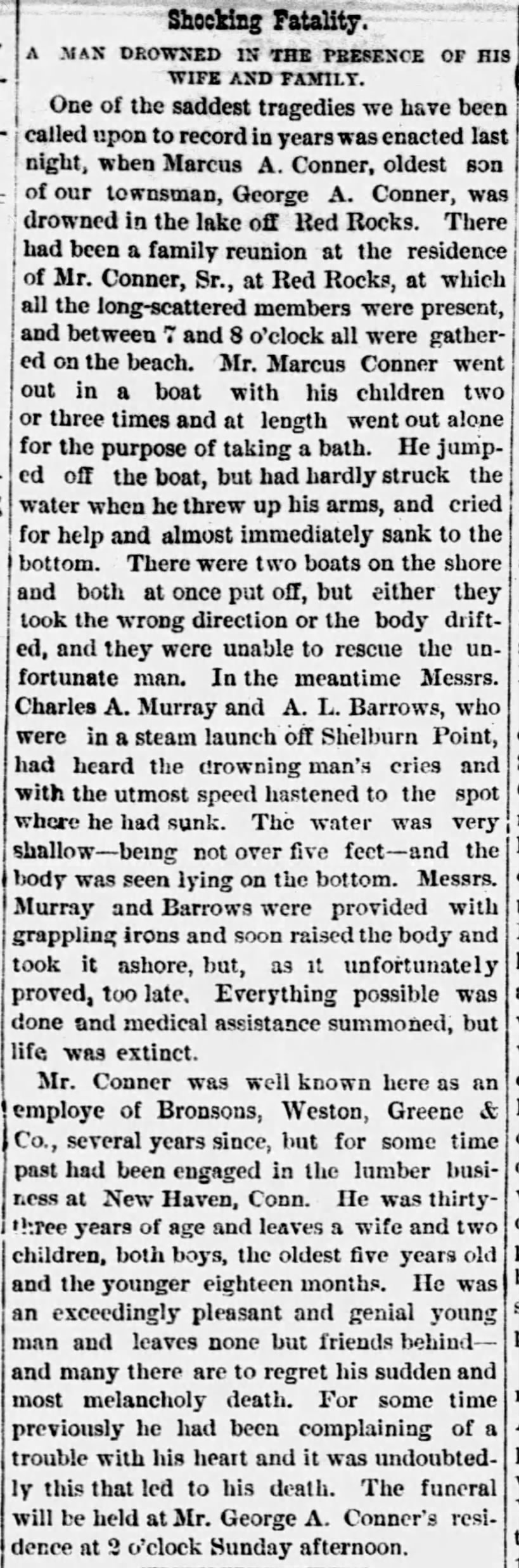 Shocking Fatality. The Burlington Free Press (Burlington, Vermont) 9 July 1881, p 3