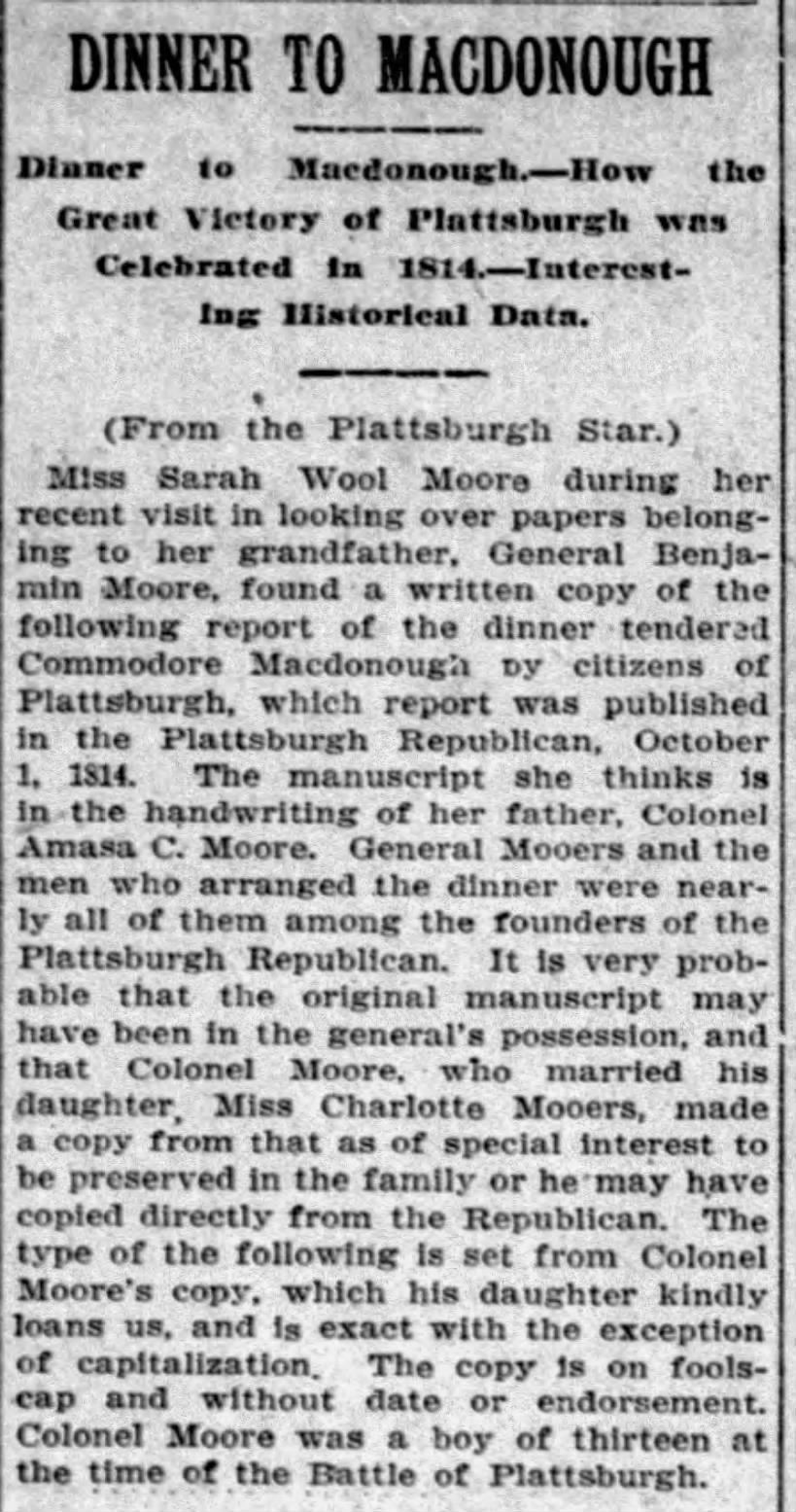 Dinner to MacDonough. The Burlington Free Press, (Burlington, Vermont) August 13, 1909, p 5