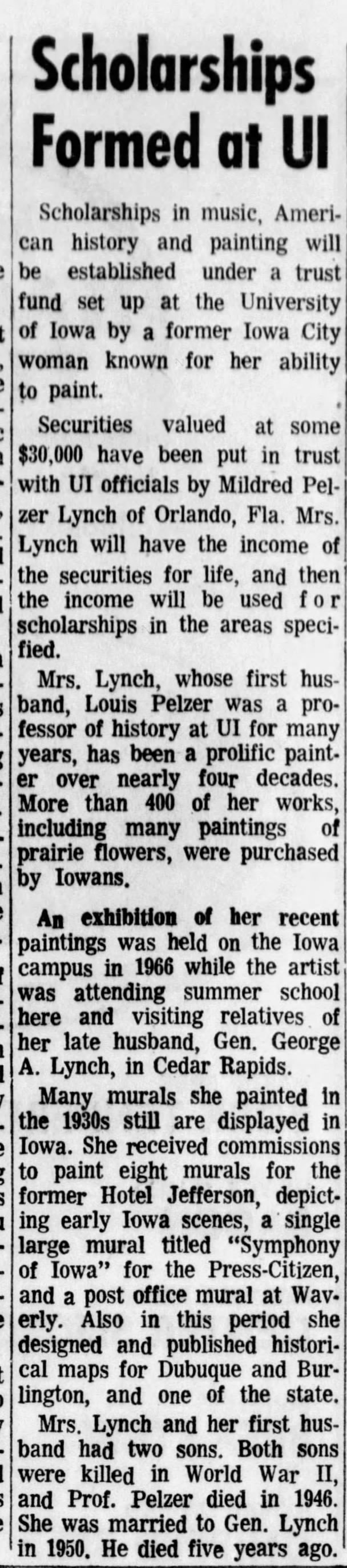 Scholarships formed at UI. The Iowa City Press-Citizen (Iowa City, Iowa) November 11, 1967, p 3