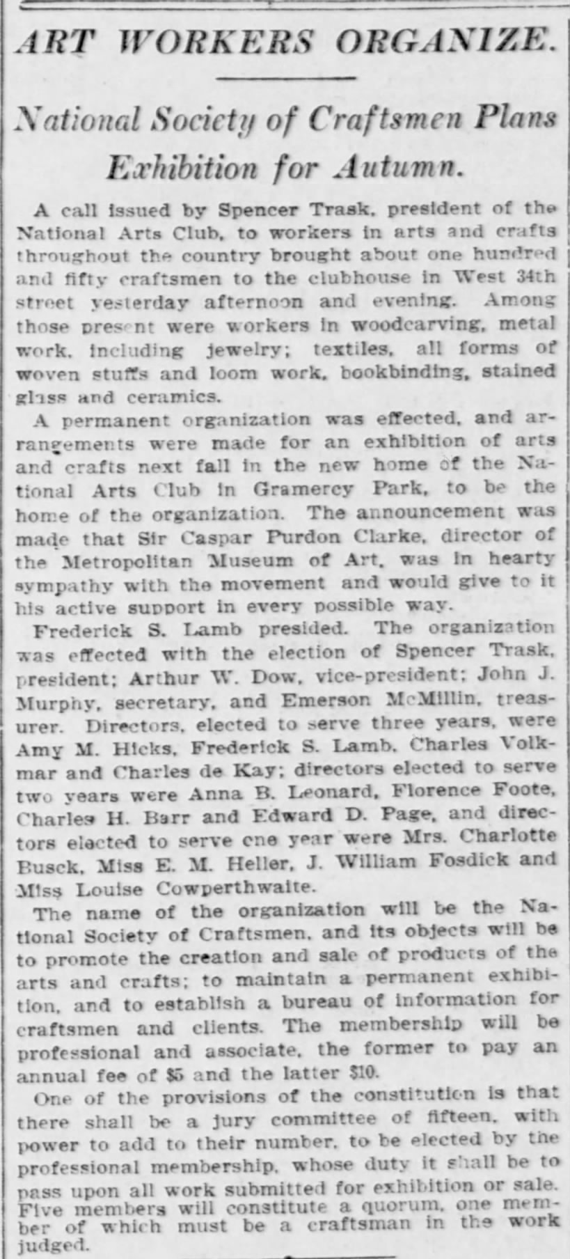 Art Workers Organize. The New York Tribune (New York, New York) April 28, 1906, p 6