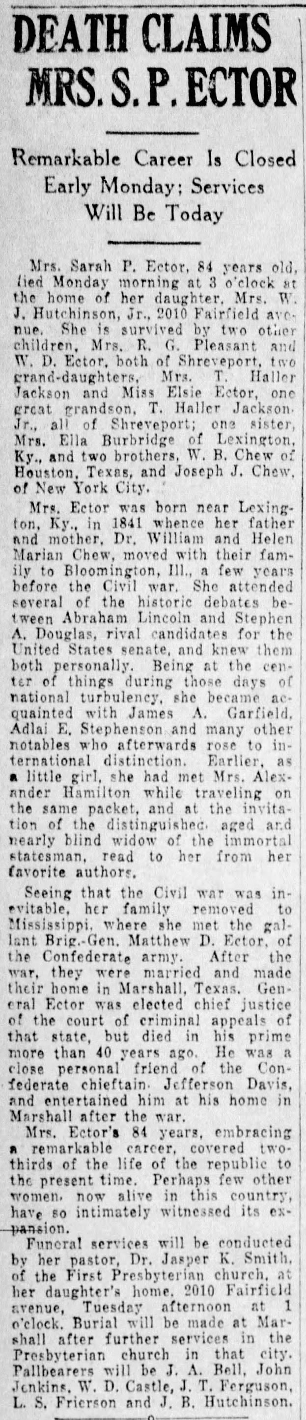 Death Claims Mrs. S. P. Ector. The Shreveport Times (Shreveport, Louisiana) May 5, 1925, p 8