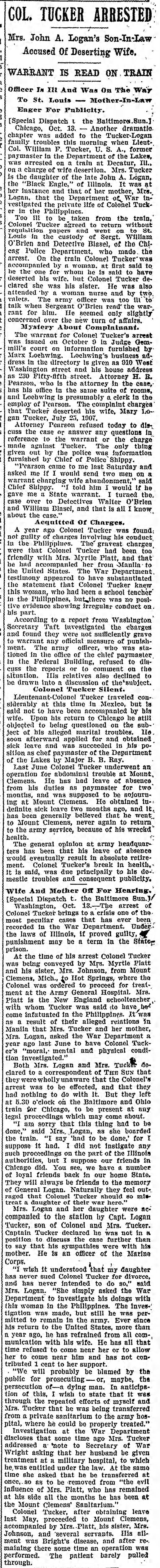Col Tucker Arrested. The Baltimore Sun (Baltimore, Maryland) October 14, 1908, p 5