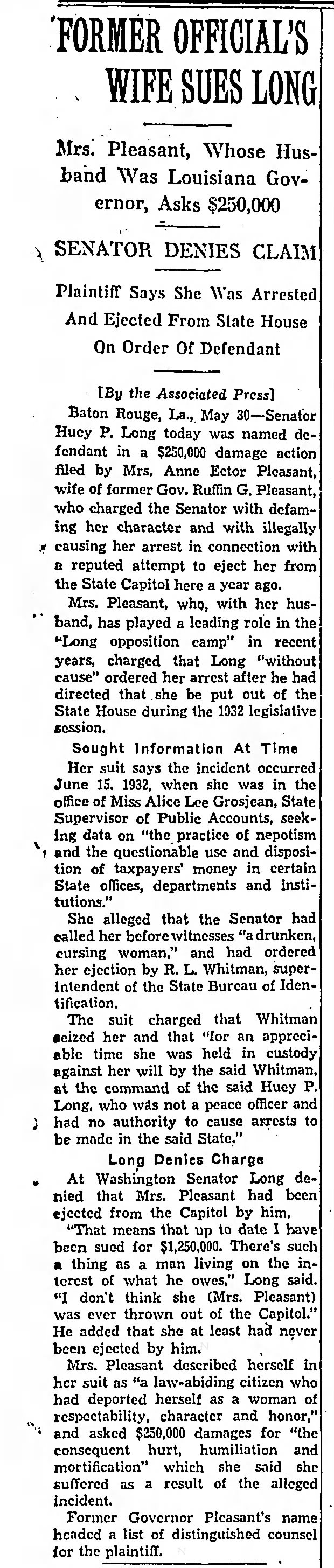 Former Official's Wife Sues Long. (AP) The Baltimore Sun (Baltimore, Maryland) May 31, 1933, p 5