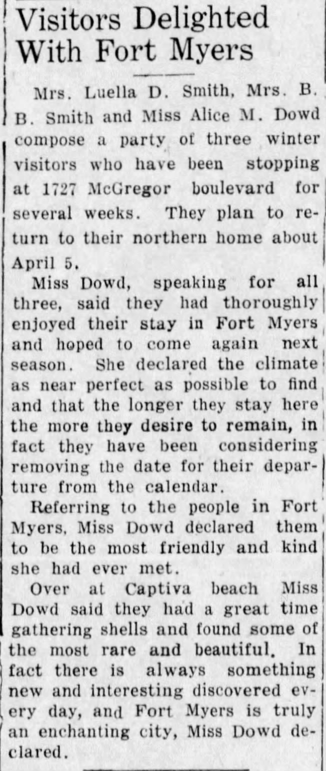 Visitors Delighted with Fort Myers. The News-Press (Fort Myers, Florida) March 7, 1929, p 3