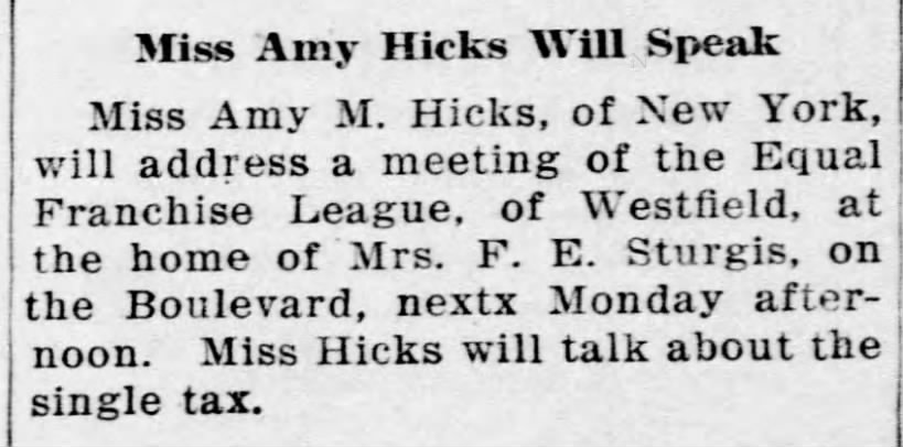 Miss Amy Hicks Will Speak. The Courier-News (Bridgewater, New Jersey) 18 February 1916, p 16