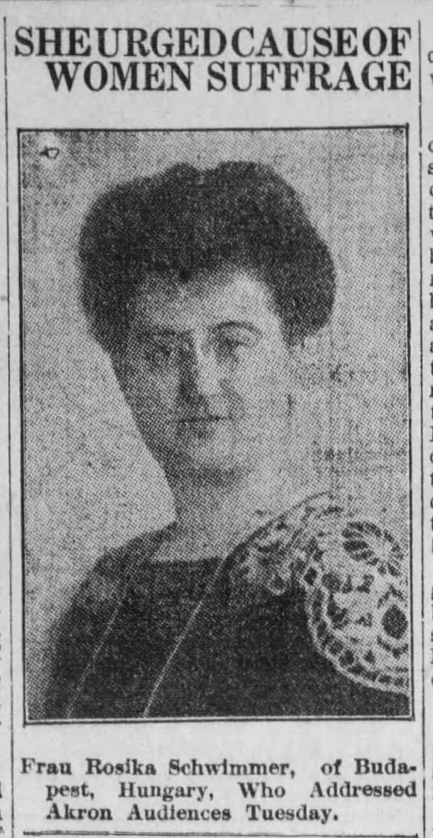 She Urged Cause of Women Suffrage. The Akron Beacon Journal (Akron, Ohio) 1 October 1914, p 6