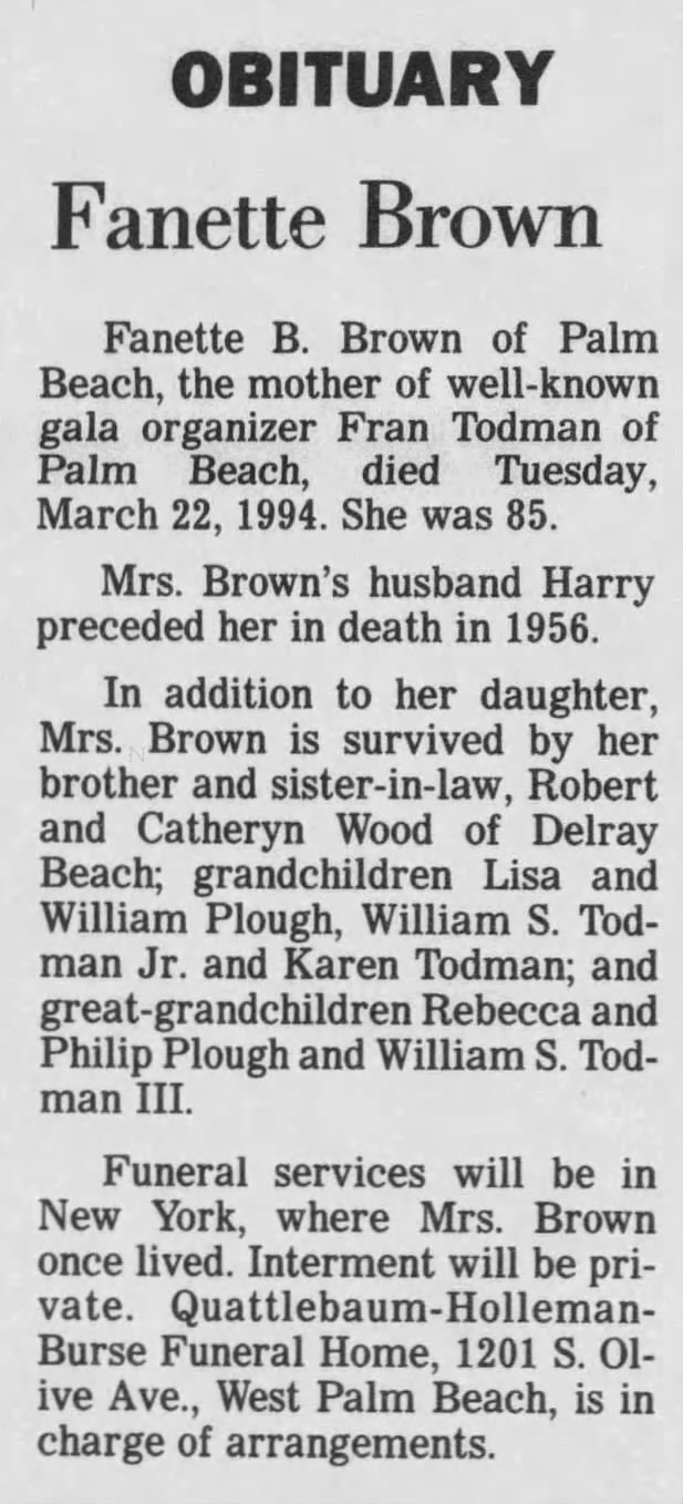 Obituary for Fanette B. Brown (Aged 85)