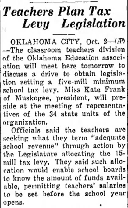 Teachers Plan Tax Levy Legislation, Miami Daily News Record (Miami, Oklahoma) 2 October 1936, p 4