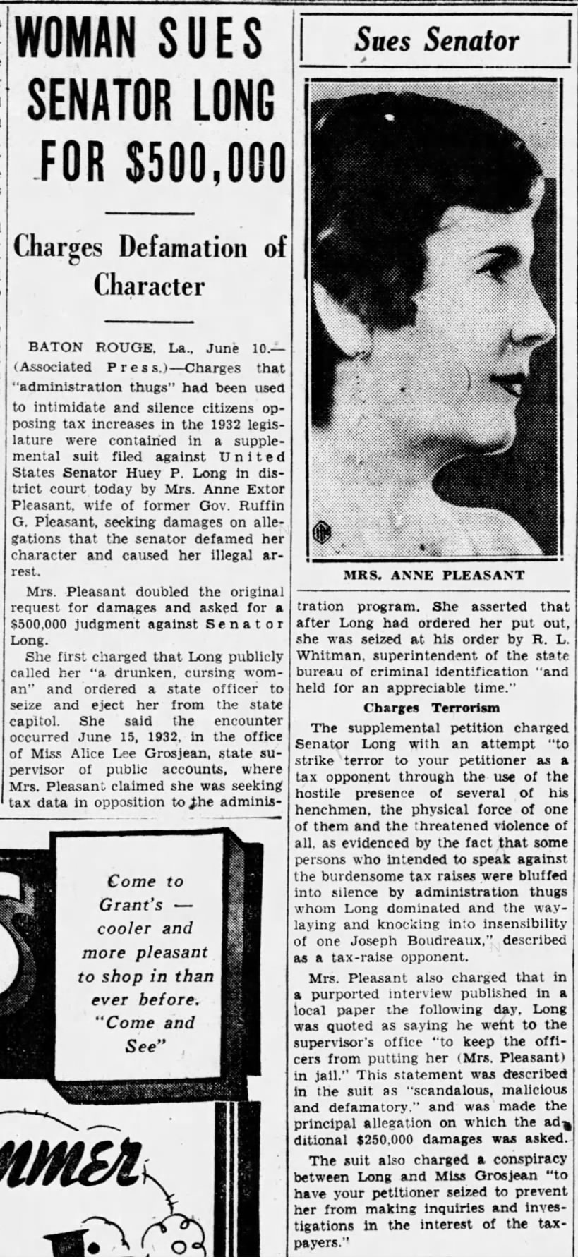 Woman Sues Senator Long for $500,000. The Tampa Tribune (Tampa, Florida) June 11, 1933, p 4