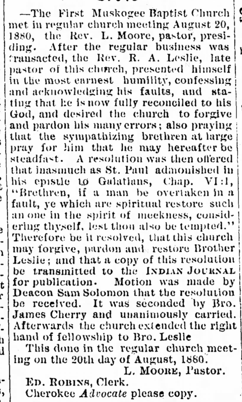 The First Baptist Church, The Indian Journal. (Muskogee, Indian Territory0 August 26, 1880, p 5