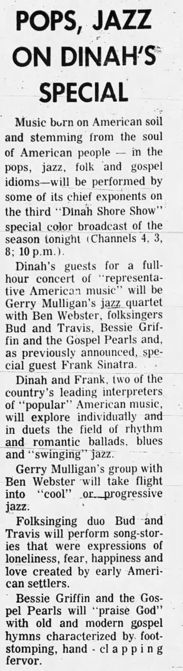 Pops, Jazz on Dinah's Special. December 9, 1962. Oakland, California: The Oakland Tribune. p. 10