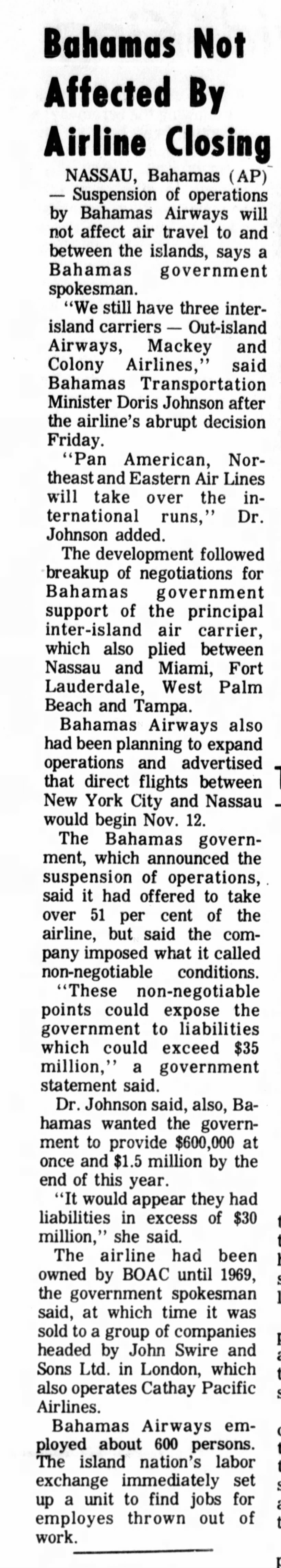 Bahamas Not Affected by Airline Closing (The Naples Daily News) Naples, Florida 12 October 1970 p 5