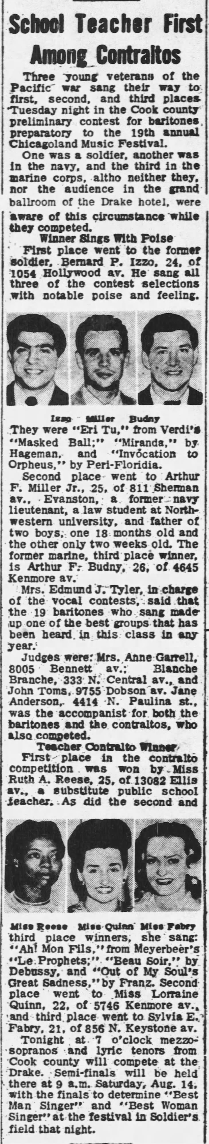 School Teacher First Among Contraltos. The Chicago Tribune (Chicago, Illinois) 22 July 1948, p 19