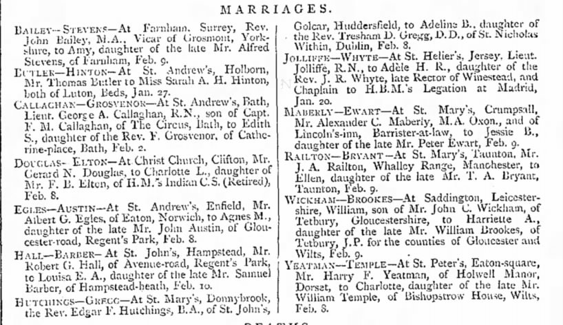 Marriages: Yeatman-Temple. The Pall Mall Gazette. (London, England) 11 February 1876, p 3