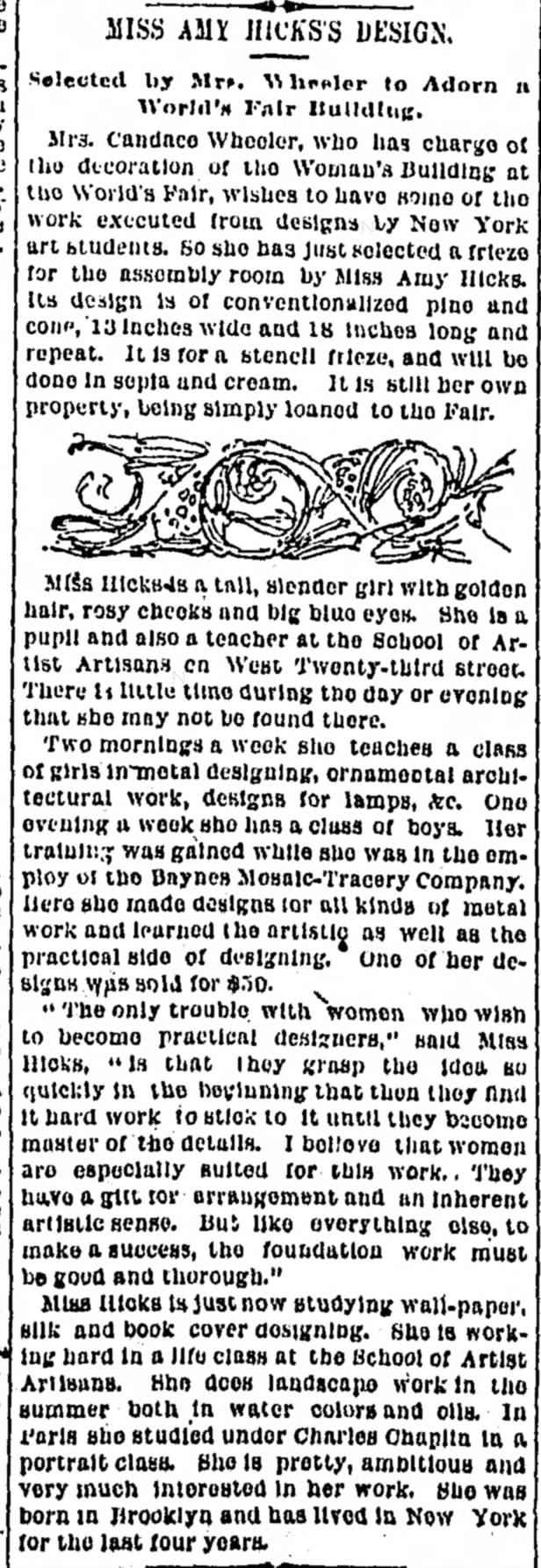 Miss Amy Hick's Design. The World (New York, New York) 8 April 1893, p 8