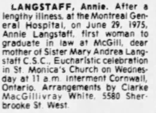 Langstaff, Annie. The Gazette (Montreal, Quebec, Canada) 3 July 1975, p 61