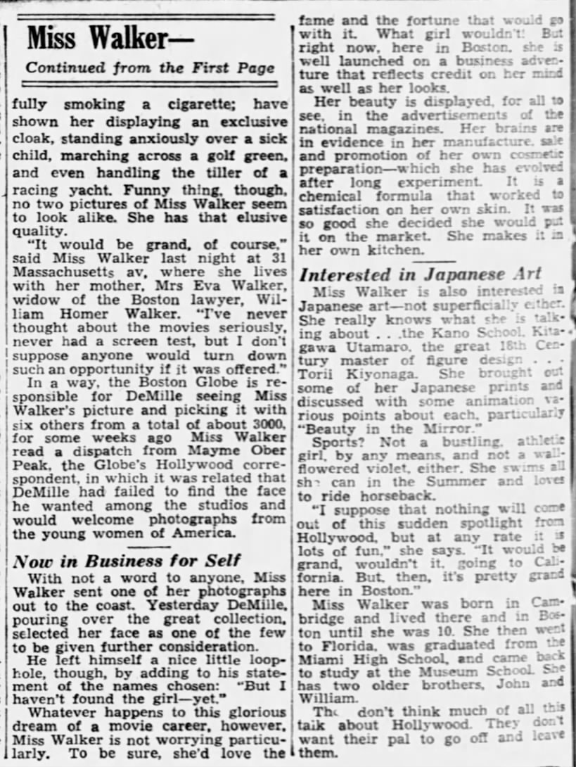 "Miss Walker" (pt. 2) (20 November 1935) Boston: The Boston Globe. p. 4