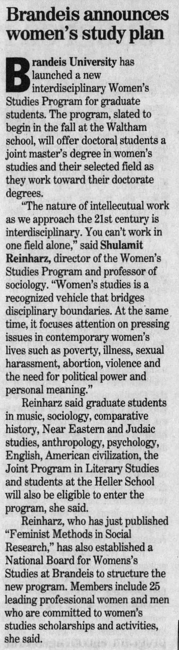 Brandeis announces women's study plan. The Boston Globe (Boston, Massachusetts) 12 July 1992, p 15